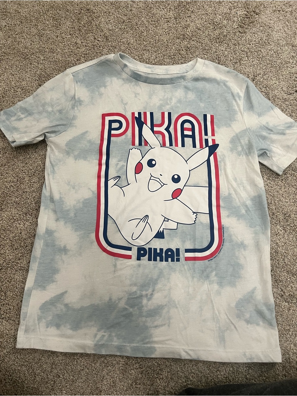 Old Navy Pika Pika Pikachu Red White & Blue Graphic Tee Light Blue Tie-Dye YLG
